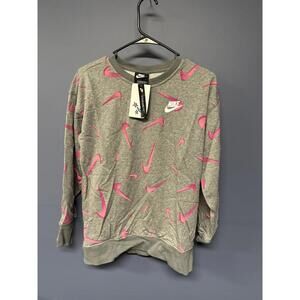 Nike Girls L Sweatshirt Grey Pink Swoosh Pullover Crew Standard Fit DA1244-091